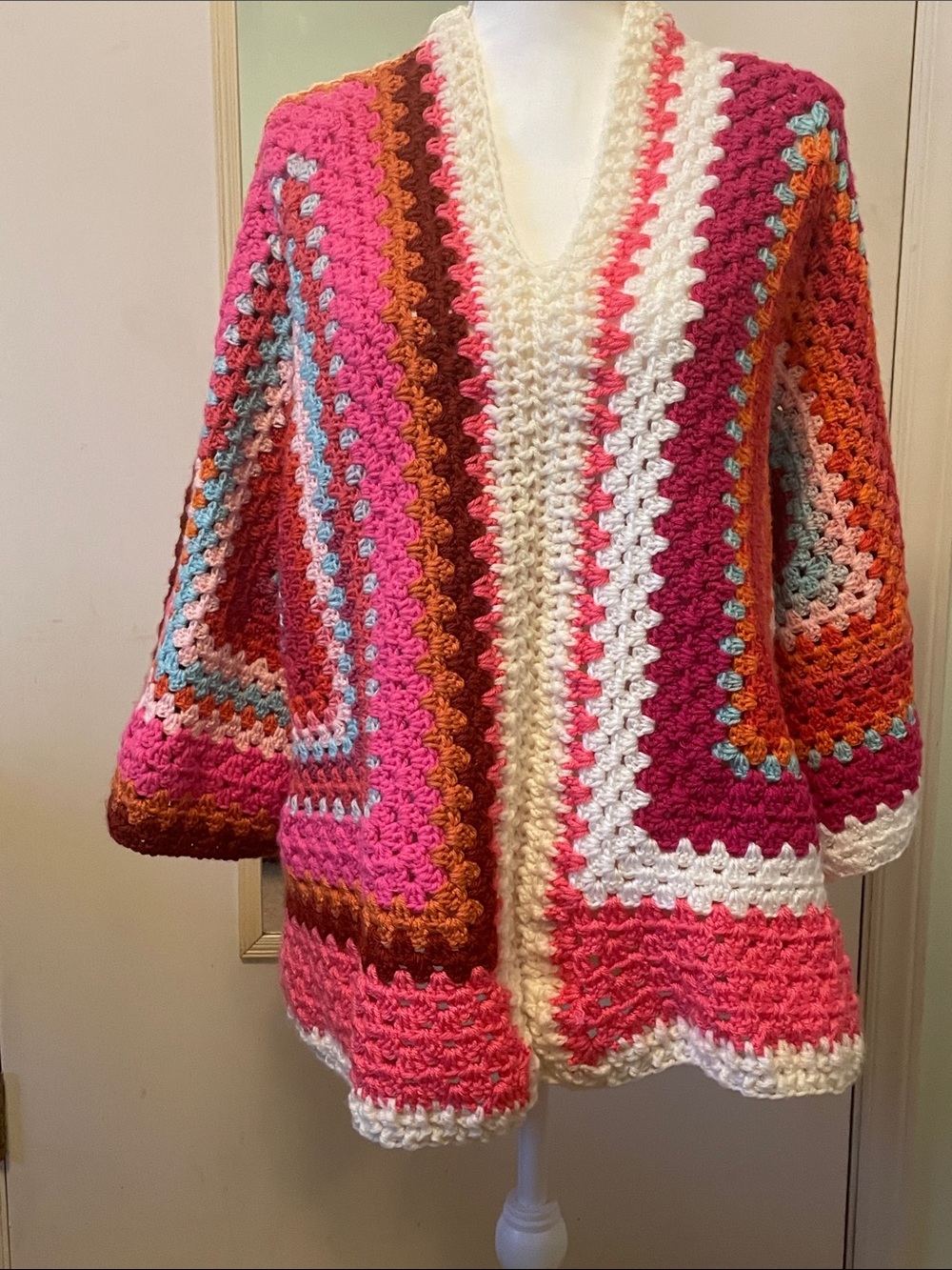 Crocheted Multicolor Women's Cardigan Sweater - Pink & Cream Panels